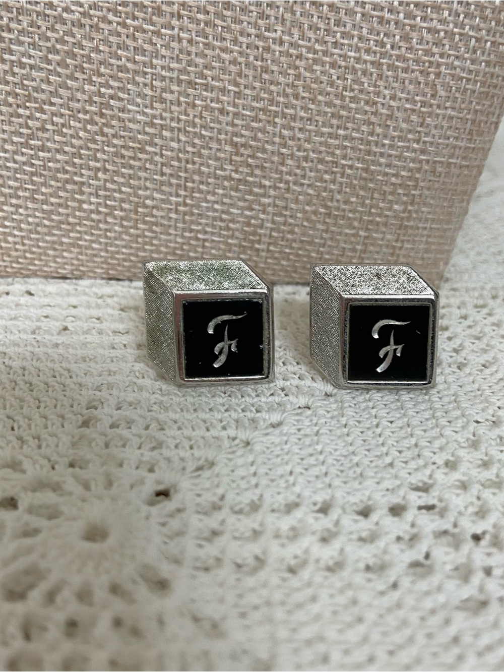 Vintage SWANK Cufflinks Initial F Black Silver Tone MCM 1950s 60s
